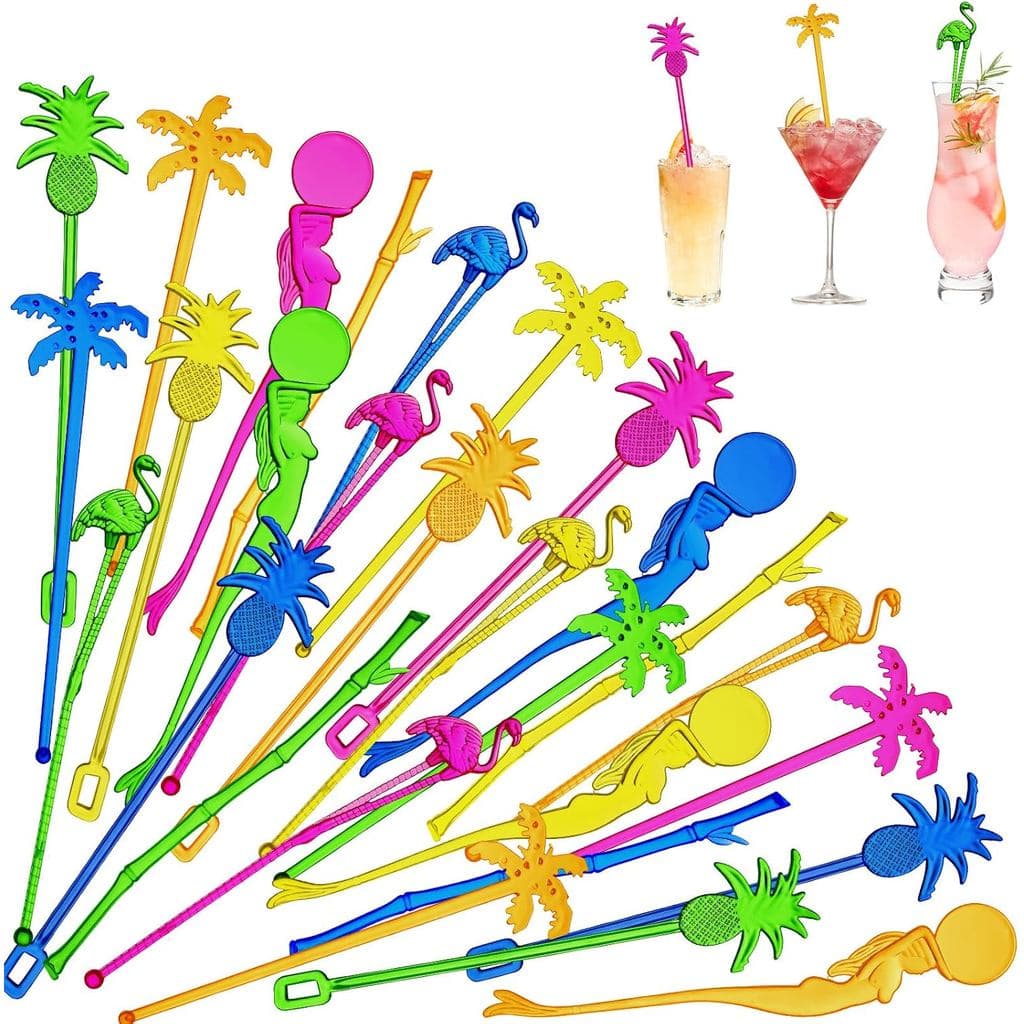 Willinglong 100 Palitos Misturadores de Coquetel Tropicais Variados para Bar, Palitos de Bebida Reutilizáveis e Divertid