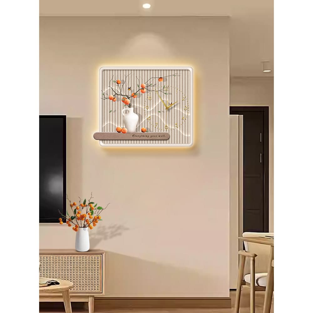 Caqui Ruyi Sala de estar Relógio de parede High-End Atmosférico Novo Estilo Chinês Relógio Pendurado na Parede Pintura M