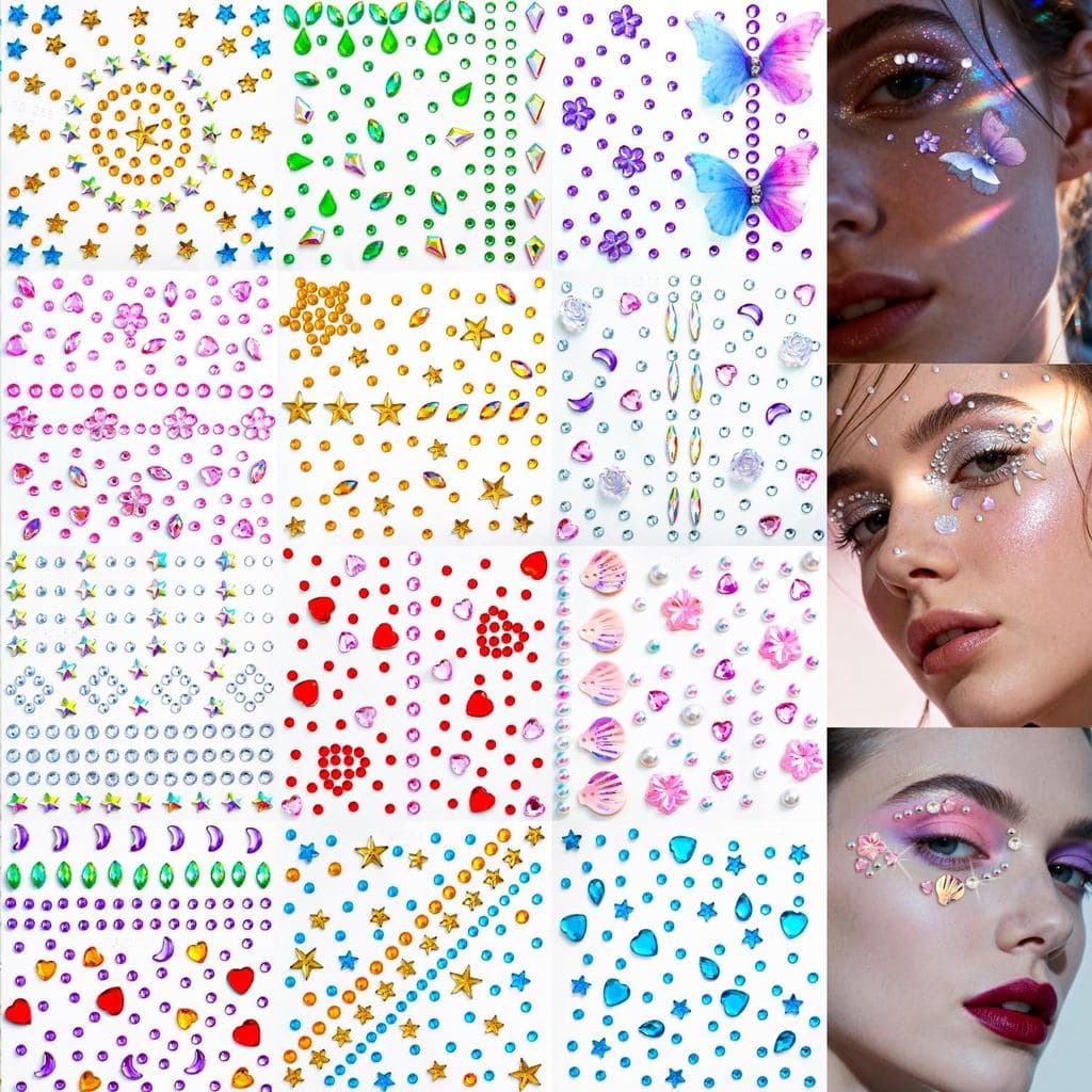Adesivos de Pedras Preciosas para o Rosto, 12 Folhas de Strass Autoadesivos para Maquiagem, Adesivos Decorativos de Diam