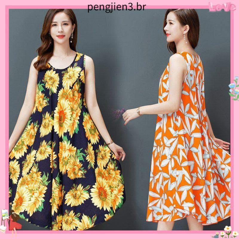 Tamanho grande algodão seda colete vestido verão novo estilo estilo étnico roupas femininas literária Retro impressão se