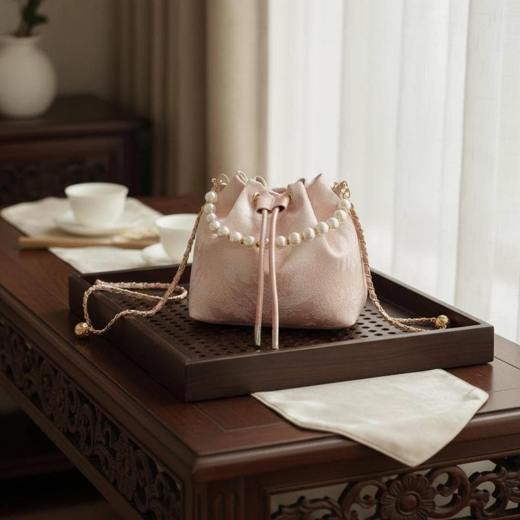 [hellery] Bolsa Crossbody De Design Chinês , Enfeites Elegantes , Balde Com Cordão Vintage Influenciada Alça De Pérola P