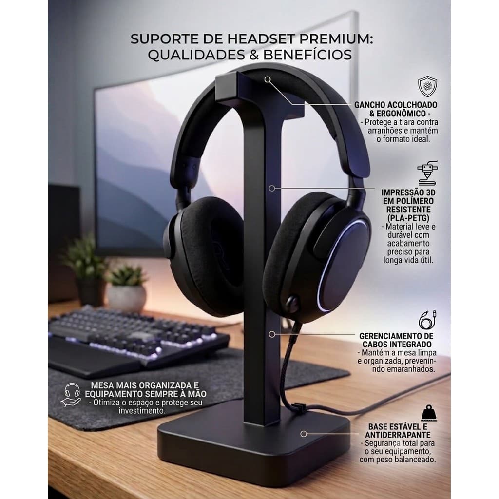Suporte Headset Gamer De Mesa Organizador Premium Luxo