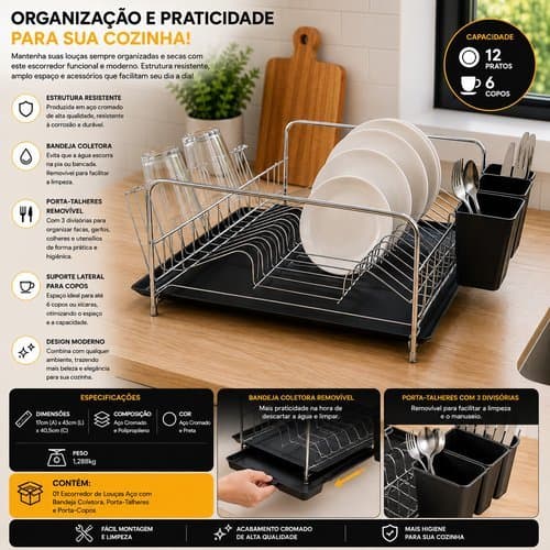 Escorredor Louças Aço Inoxidável Bandeja Coletora Porta Talheres Porta Copos Durável Organizado