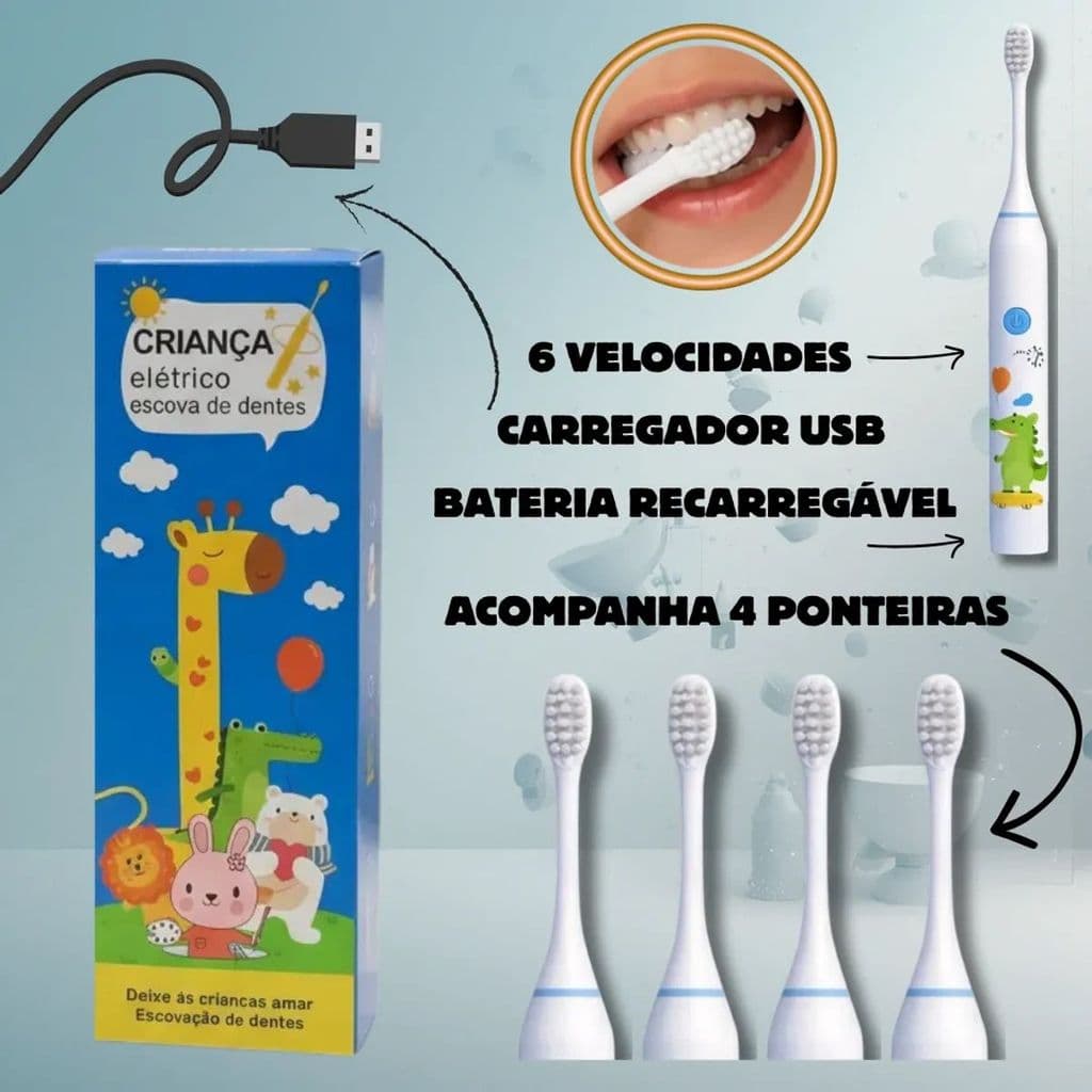 Escova Elétrica Infantil Recarregável Girafa com 4 Refis Midfour - Limpeza Eficiente e