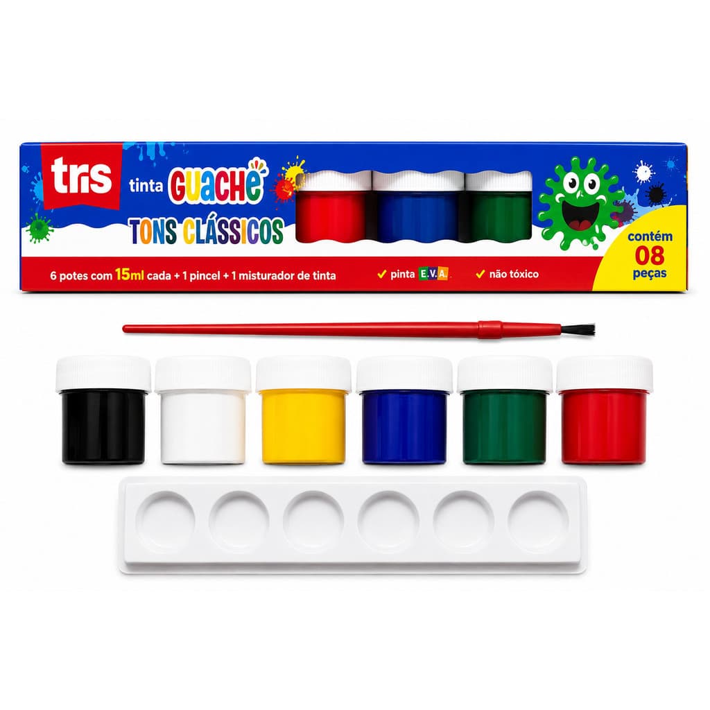 Tinta Guache TRIS Tons Clássicos 6 Cores 15ml | Kit com Pincel e Misturador | Não Tóxica | Material Escolar
