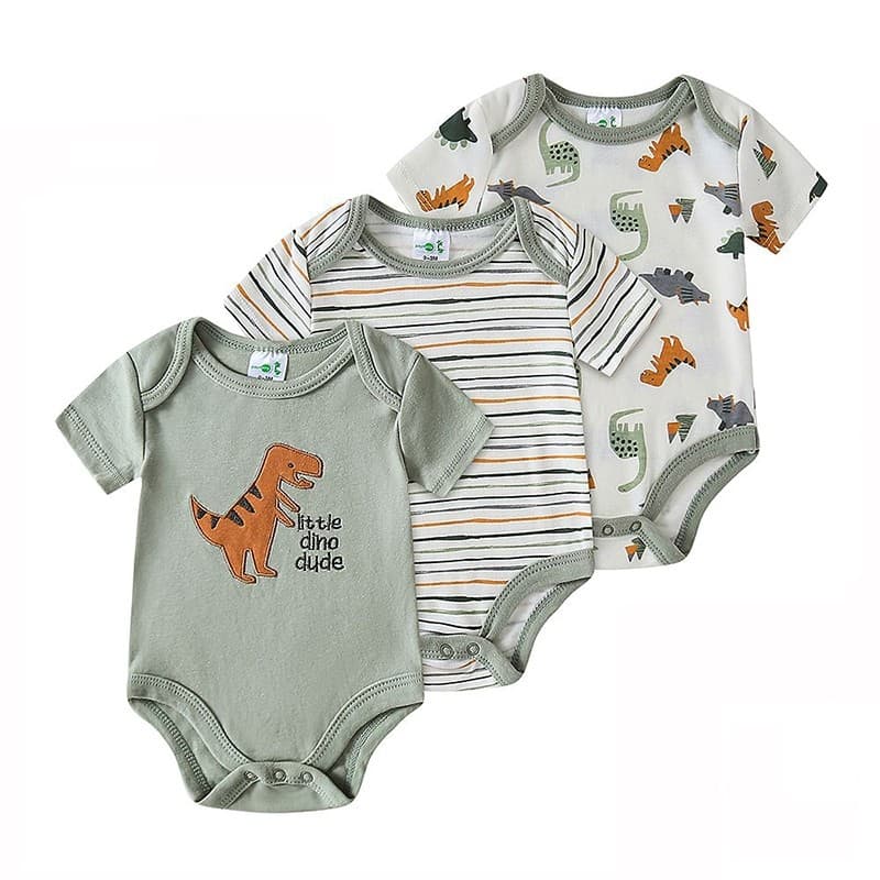 Kit 3 Bodies para Bebê Menino, Manga Curta, Estampa de Dinossauro e Listras, Roupa para Recém-Nascido