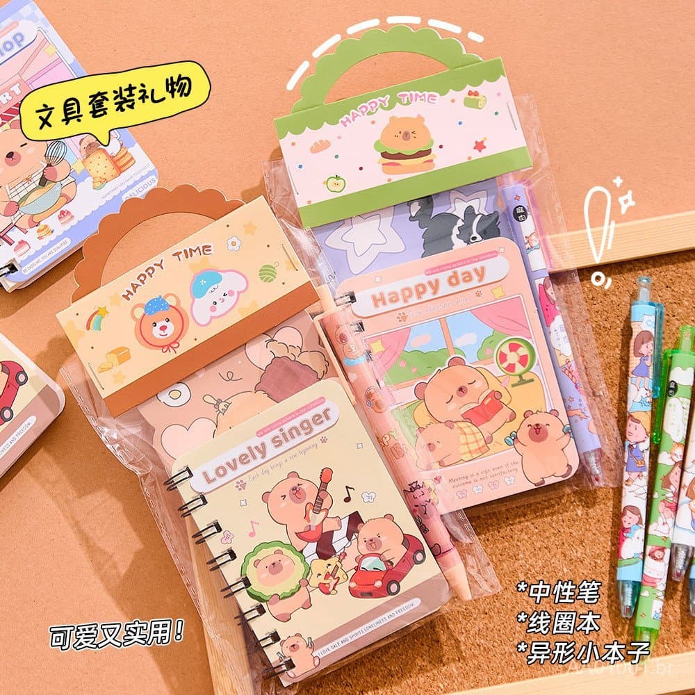 Conjunto de Papelaria de Desenho Animado Fofo para Estudantes, Caderno Espiral e Caneta Retrátil, Presente Infantil para