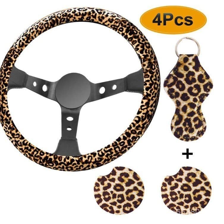 Capa universal de neoprene para volante de carro, capa de alça com estampa de leopardo leve, conjunto de 4 peças com cha