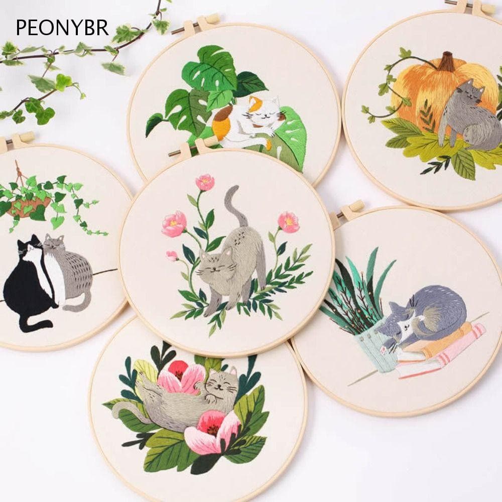 Kit de ponto cruz, bastidor de bordado com padrão de gato, kit DIY, acessórios de costura S8FD