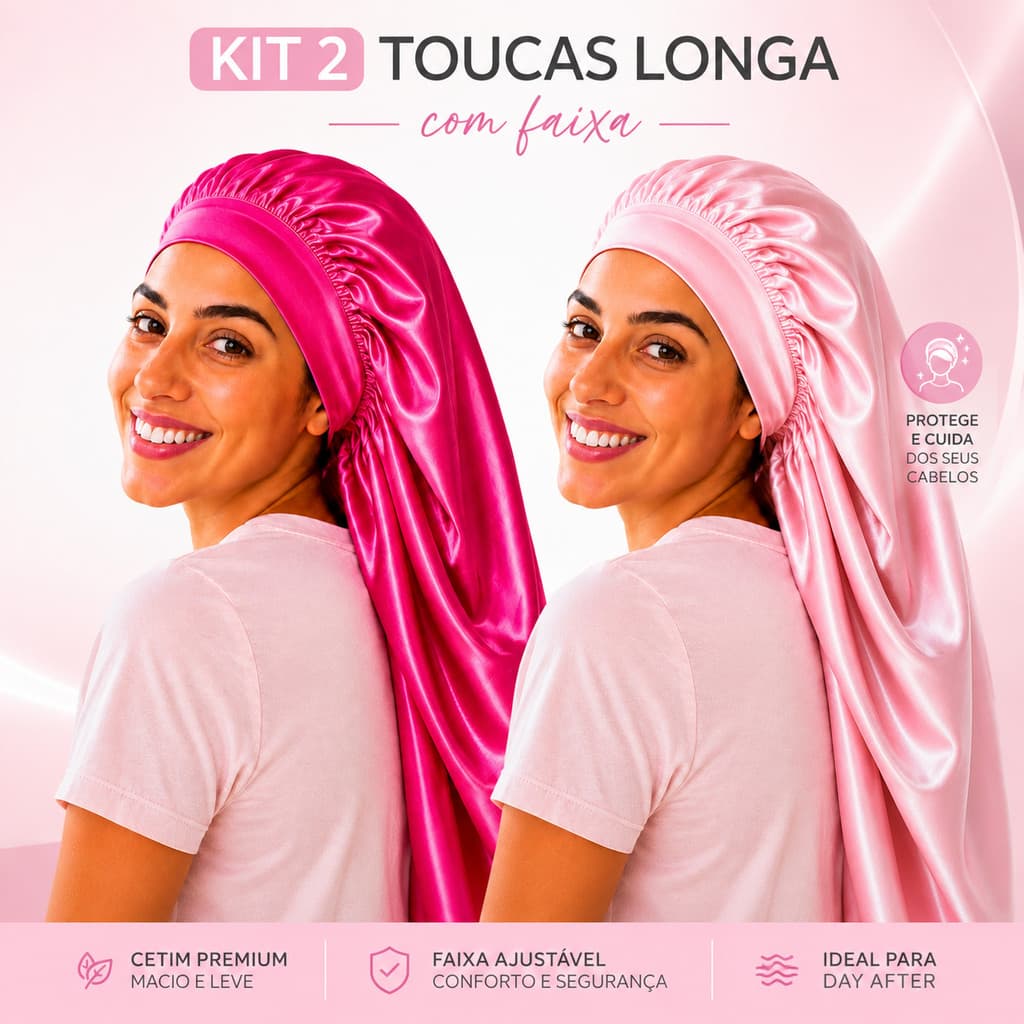 Kit 2 Toucas de Cetim Longa Dupla Face com Faixa Ajustável na cabeça