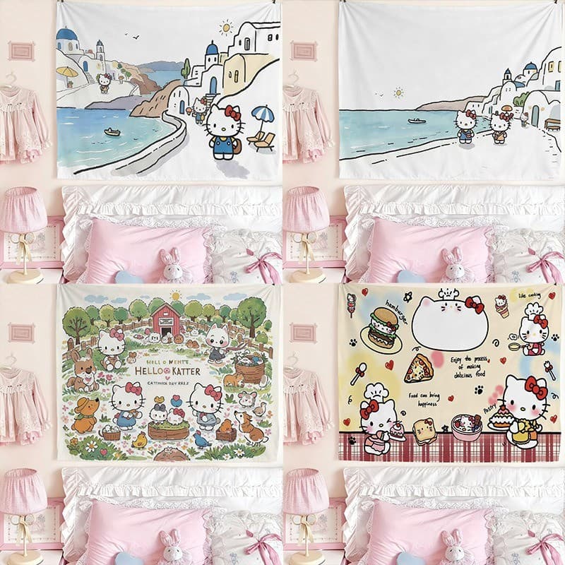 HelloKity Gato Fundo Pano Tapeçaria Tapeçaria Anime Bonito Menina Dormitório Decoração Pano