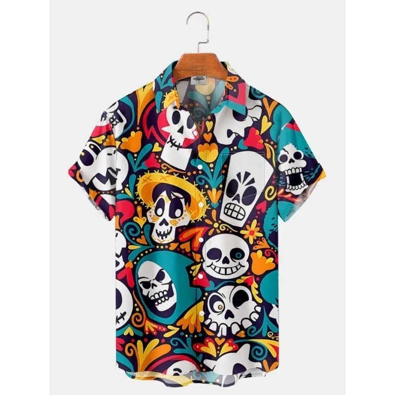Camisa Masculina Com Botões Mexicanos Sugar Skull Day of the Dead Hawaiian Fiesta