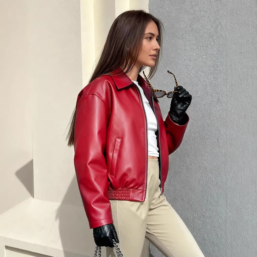 Jaqueta Feminina De Couro PU Vermelho Streetwear Casaco De Motociclista Elegante Casual Agasalhos