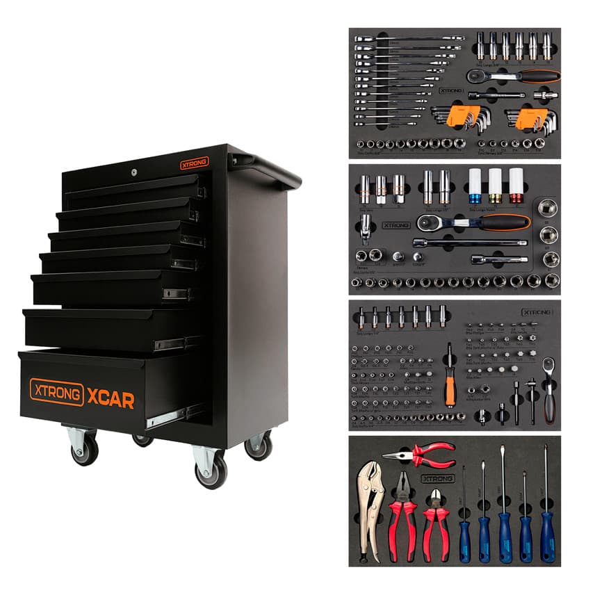 Carrinho de Ferramentas 7 Gavetas Xtrong XCAR-044P + Kit Ferramentas 178P 5000R + Jogos Alicates e Chaves Gedore + Berço