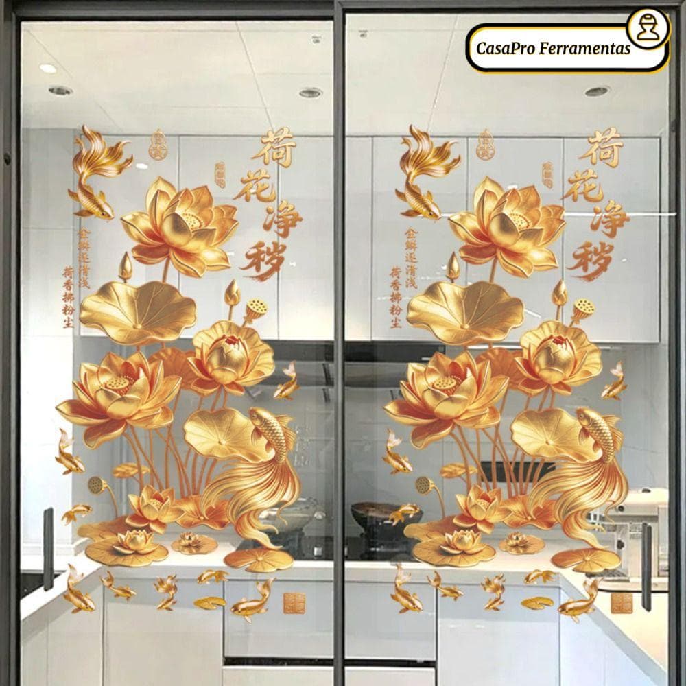 SUNSHINY 2 Unidades De Adesivo De Parede De Lótus Dourado , Plástico Estilo Chinês Flor Koi , Antiestático