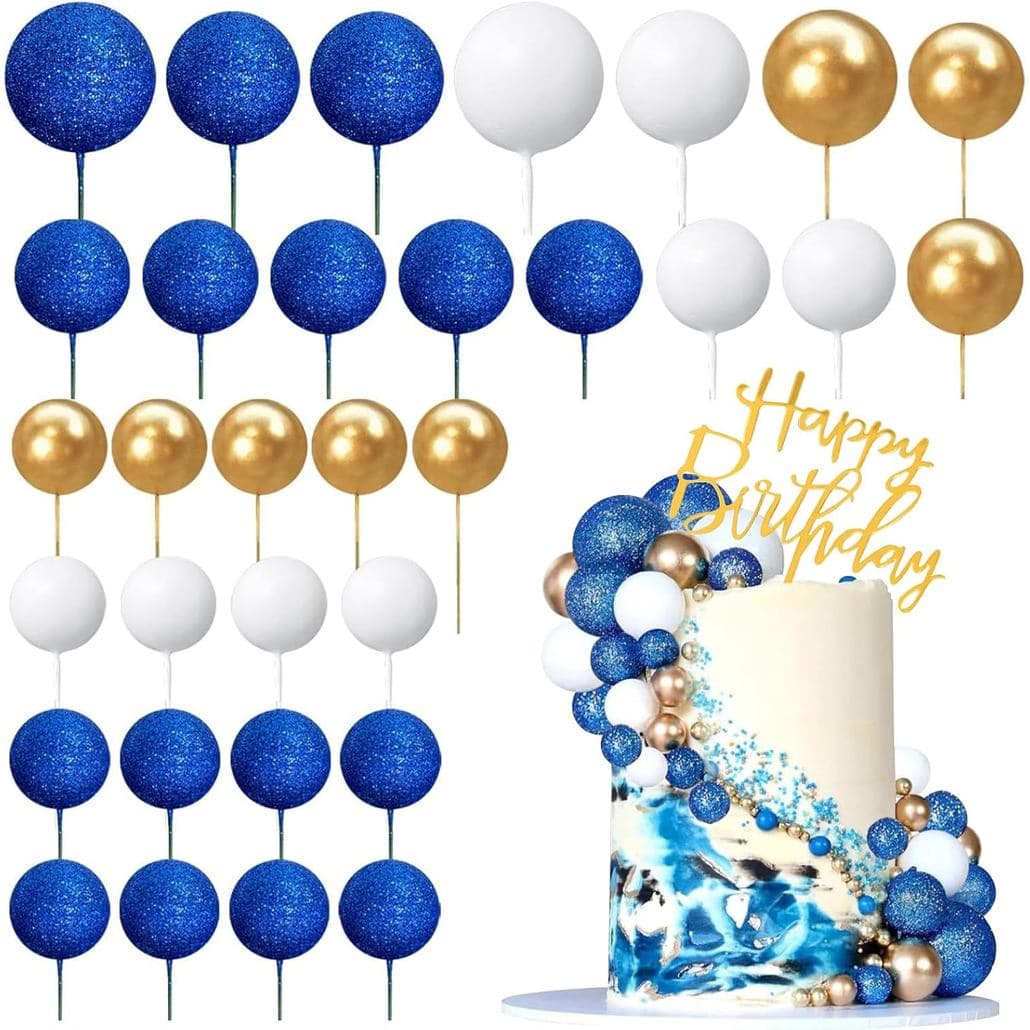 32 Peças de Topper de Bolo em Forma de Bola Azul com Topper de Bolo Dourado de Feliz Aniversário, Balões de Espuma para