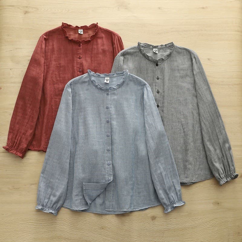 Japonês Mori Camisas Femininas Xadrez De Algodão Fungo Renda Gola Alta Cardigan Feminino Camisa De Manga Comprida