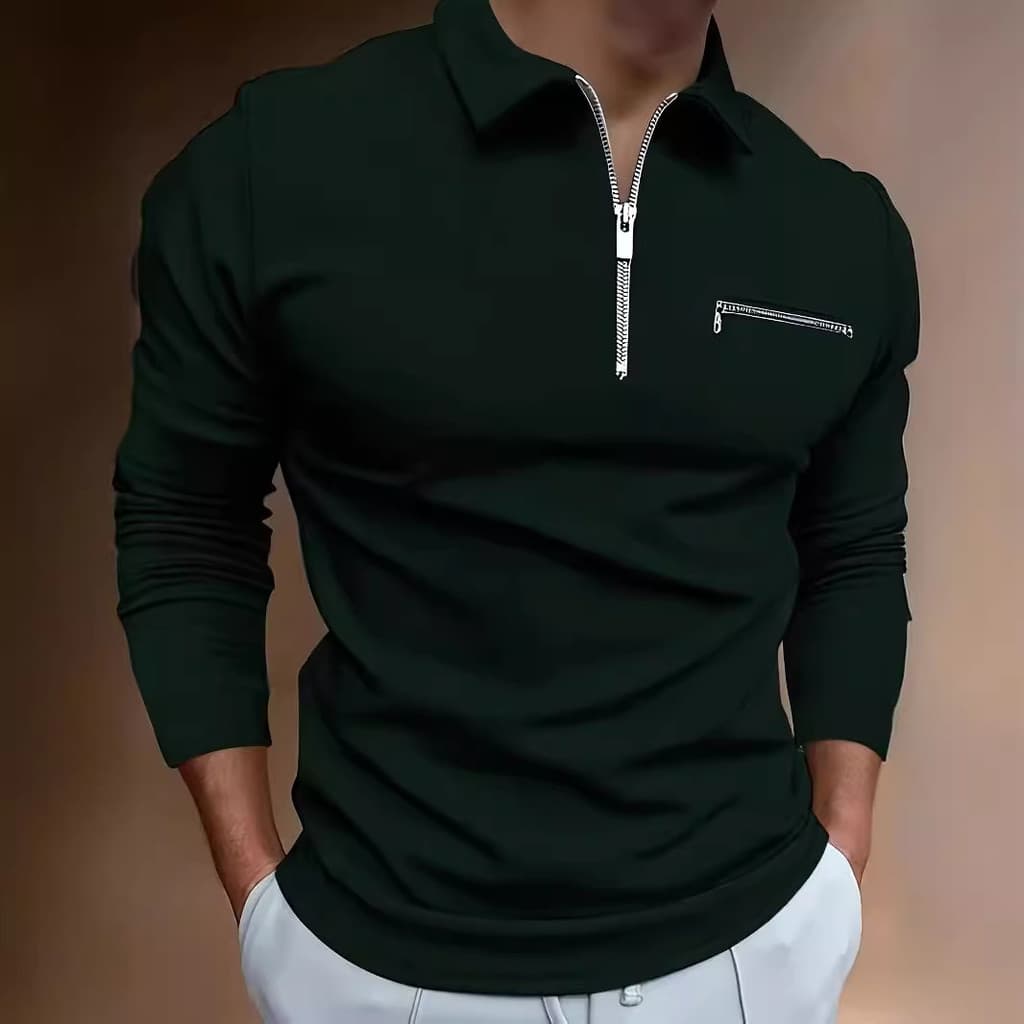 Camisa Polo confortável de manga comprida masculina cor sólida Casual All-Match