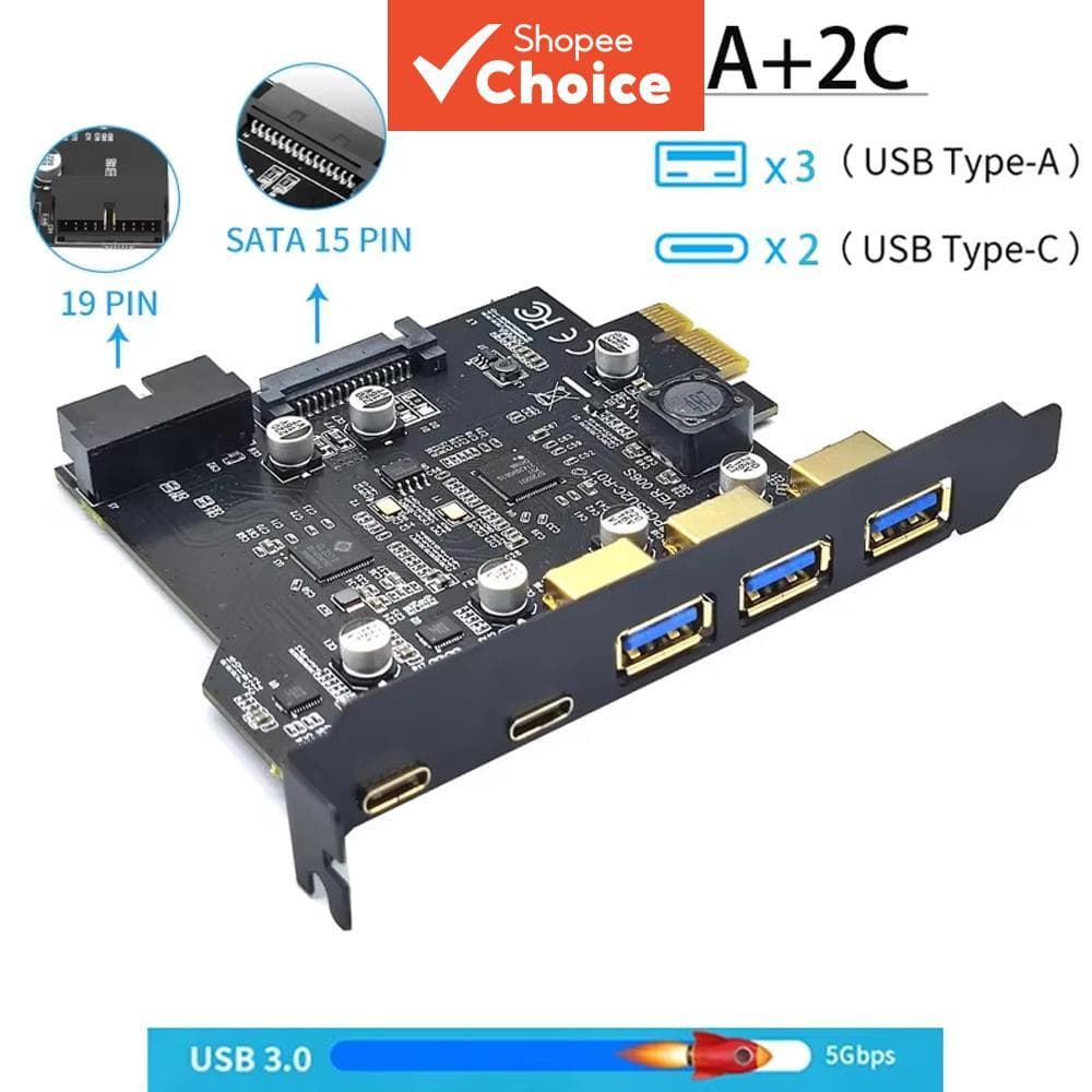 Placa de captura PCI-E 1X com 5 portas (2 USB Tipo-C, 3 portas) e placa elevadora PCIE para PC