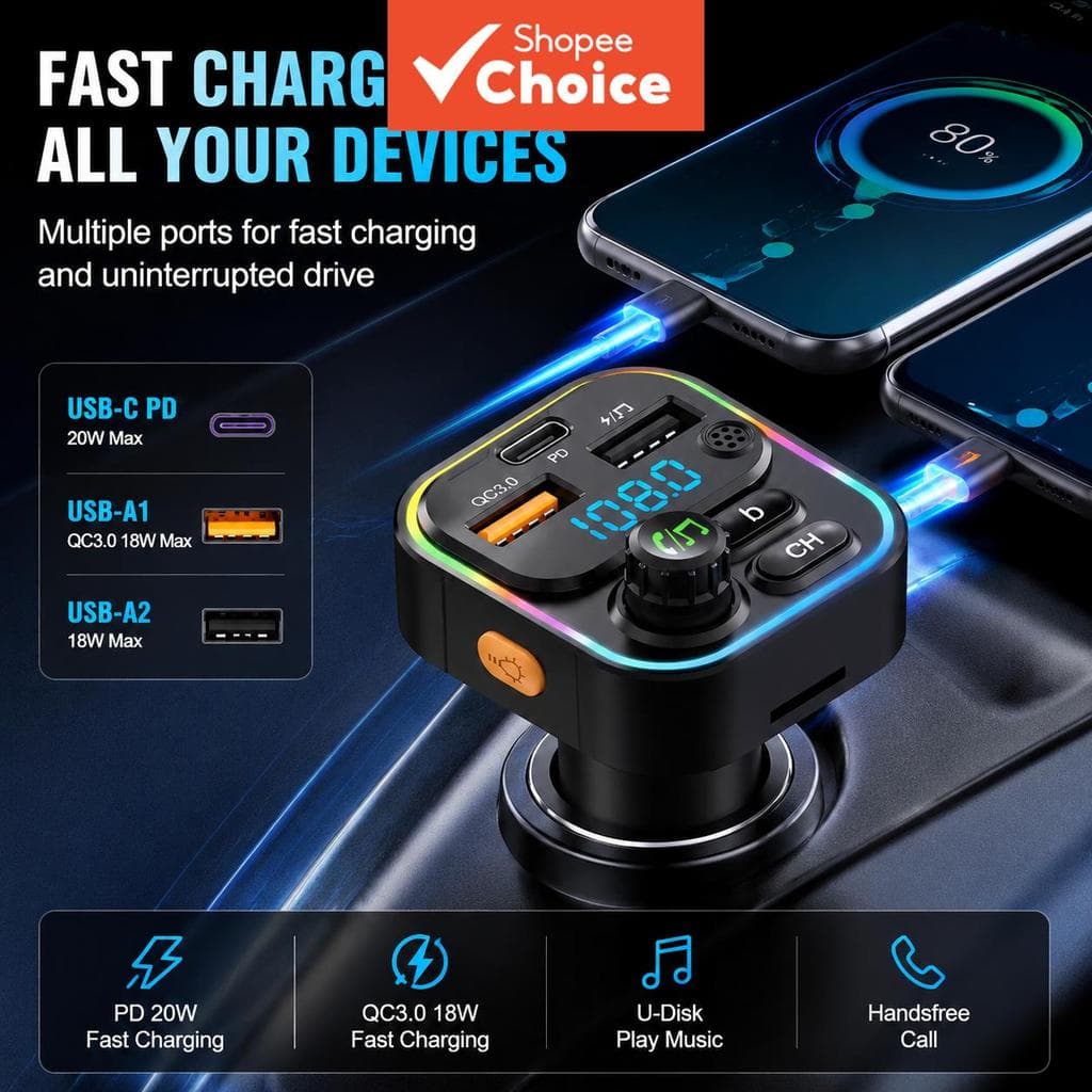 Transmissor Bluetooth 5.0 para Carro FM com PD Tipo-C, Duplo Carregador USB, Luz Ambiente, Viva-Voz Sem Fio, MP3 Player,