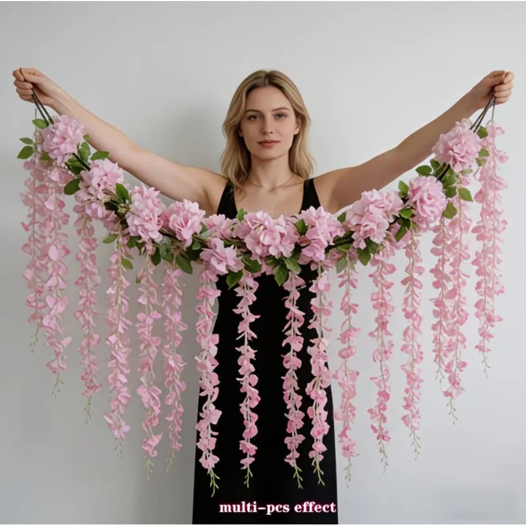 Flores artificiais de glicínia, videira de plástico com folhas verdes, flores de glicínia para decoração de sala de esta