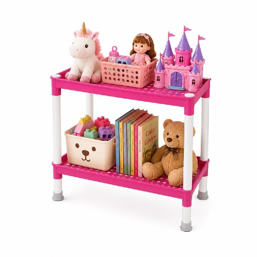 ORGANIZADOR ROSA 2 PRATELEIRAS ESTANTE RACK MULTIUSO PARA BRINQUEDOS DOCUMENTOS COSMETICOS E OBJETOS QUARTO