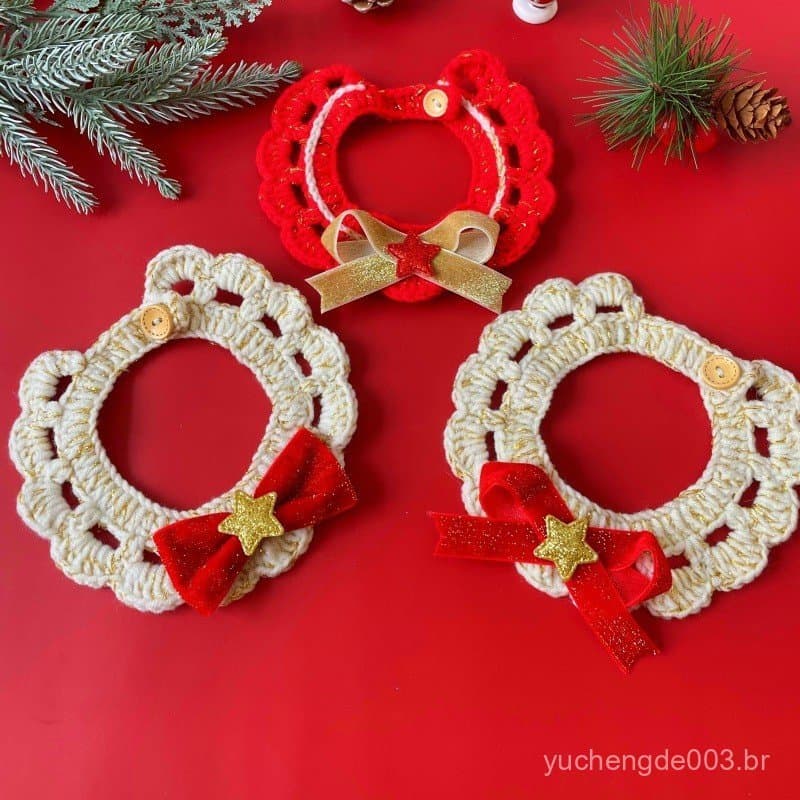 Cachecol de lã de Natal para gato com laço e guizo, cachecol vermelho para cão de estimação, coleira para pescoço de peq