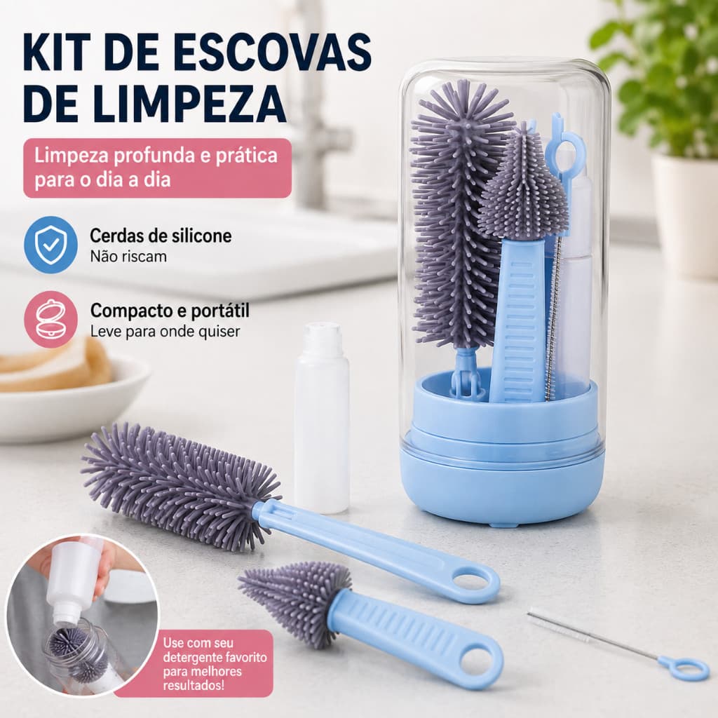 Kit de Escovas de Silicone 4 em 1 para Limpeza de Copo Garrafa – Portátil  jimyy