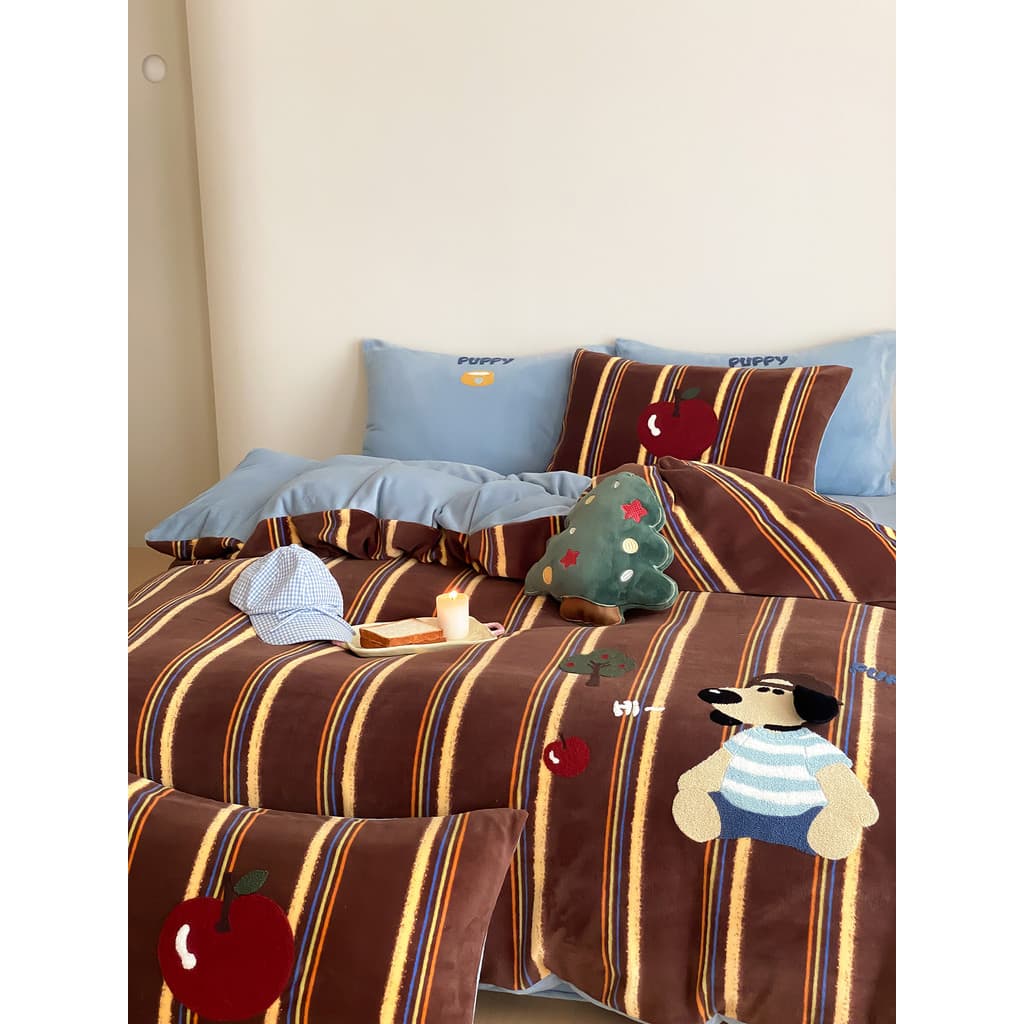 Inverno quente bordado bonito dos desenhos animados leite velo conjunto de quatro peças menino Coral velo folha de cama