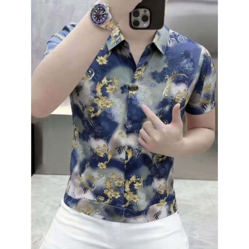 Luz estilo de luxo impresso camisa de lapela de manga curta masculina 2026 novo estilo juventude magro-ajuste topo Casua