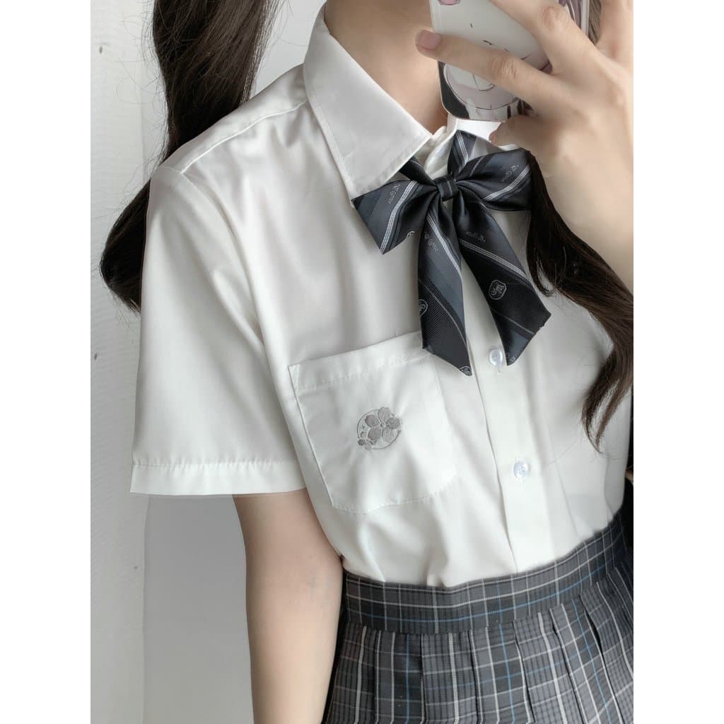 [Pantervilla] Camisa Sakura Manga Curta Caseira Verão jk Campus Estilo Branco Bordado Uniforme de Manga Curta