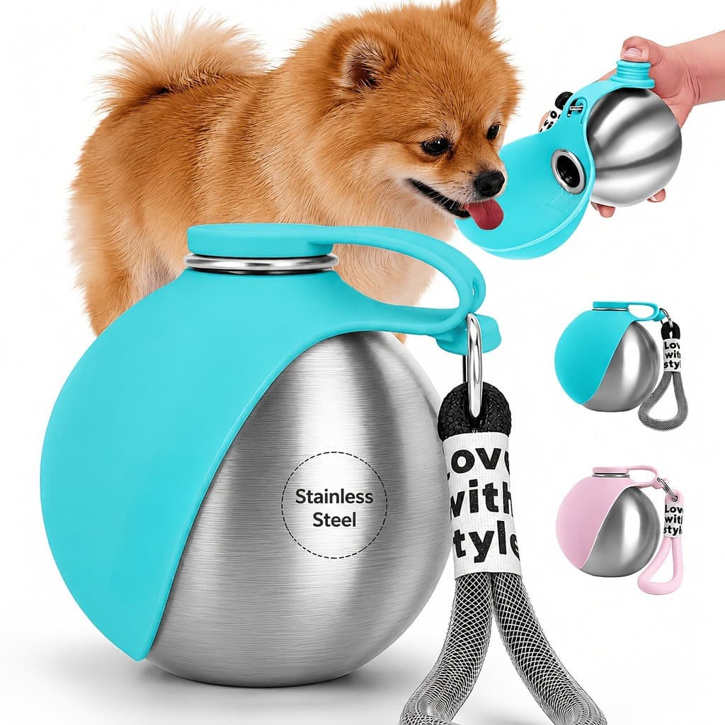 1 unidade de garrafa de água portátil para cães em aço inoxidável 304, tigela de silicone dobrável, copo de viagem à pro