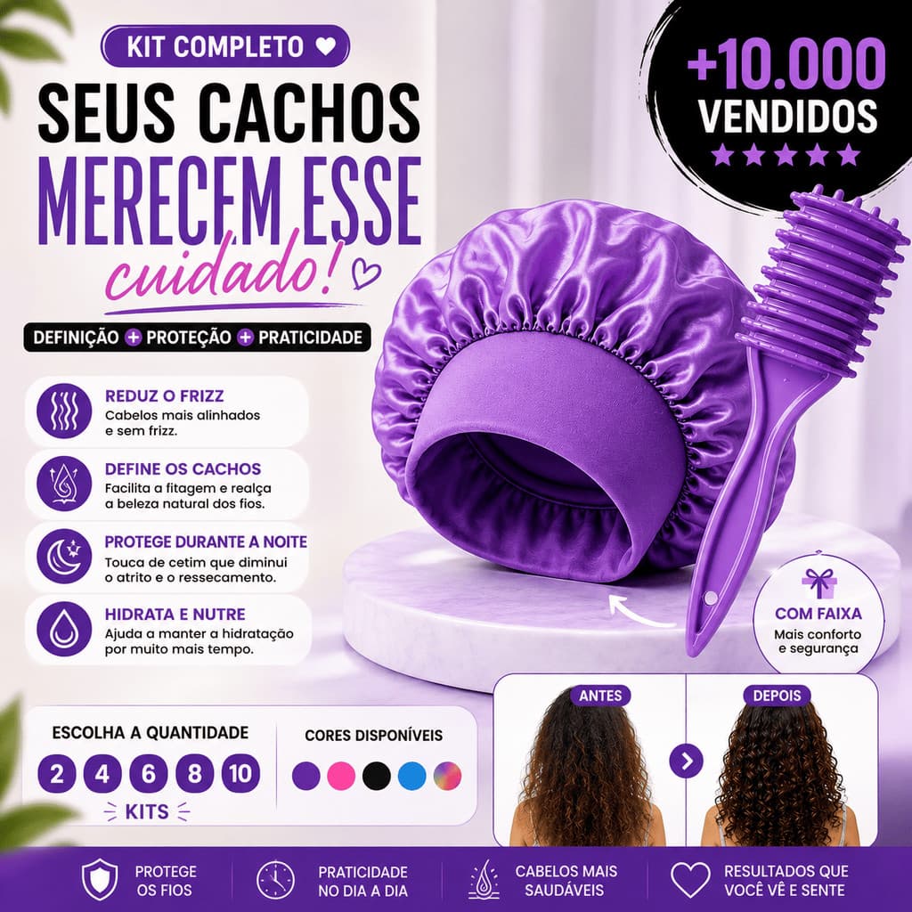 Kit Com 4 Escova de Fitagem + 4 Touca de Cetim com Faixa Para Cachos