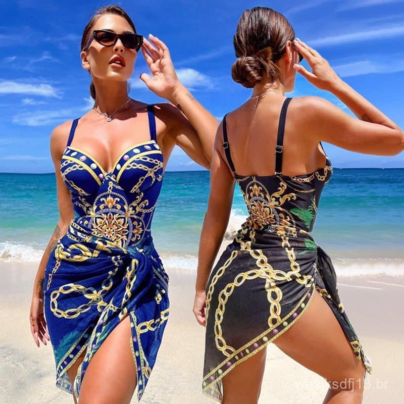 Conjunto de Biquíni e Saída de Praia Feminina Estampa Luxuosa Cintura Marcada para Praia e Piscina