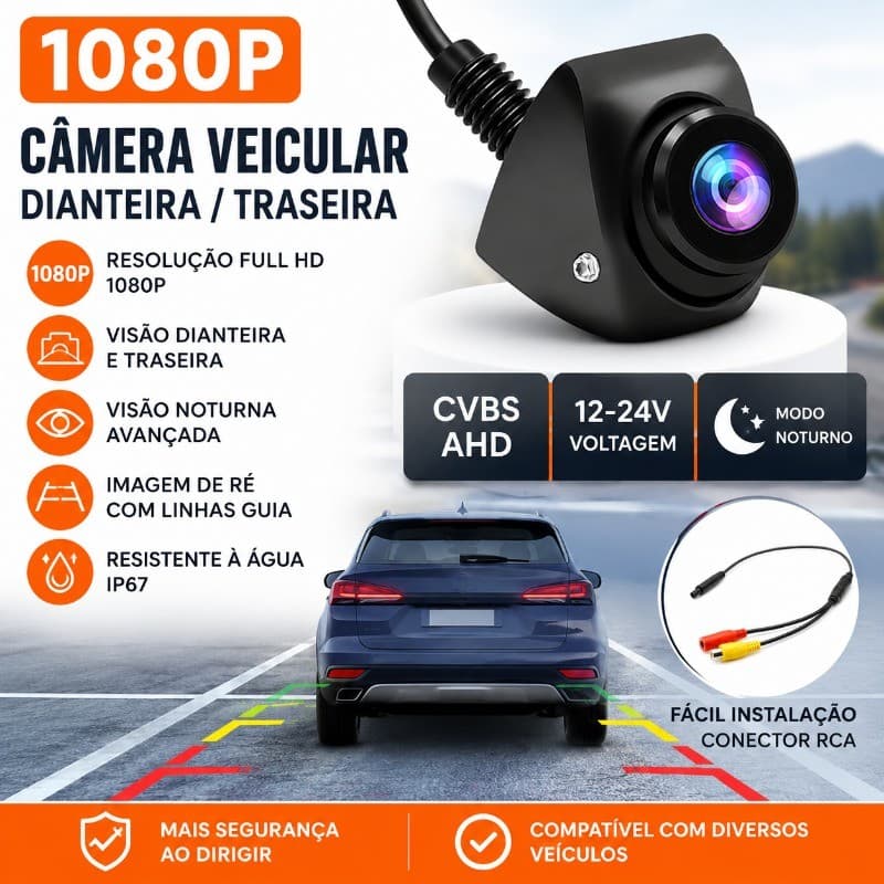 Câmera Veicular 1080P Visão Dianteira e Traseira, CVBS/AHD, 12-24V, Visão Noturna, Linha de Ré
