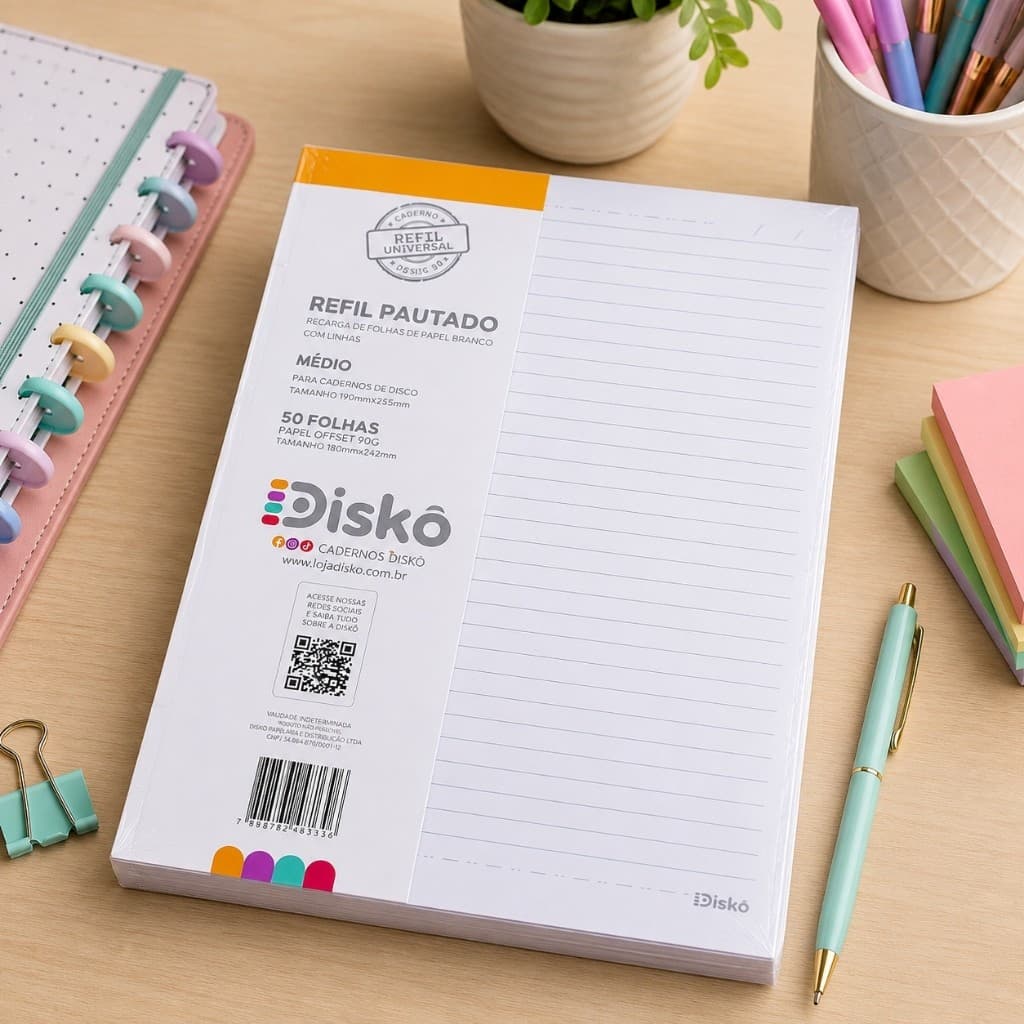 Refil Caderno Discos 50 Folhas Pautadas Papel Escolar Material Papelaria Anotações Escrever