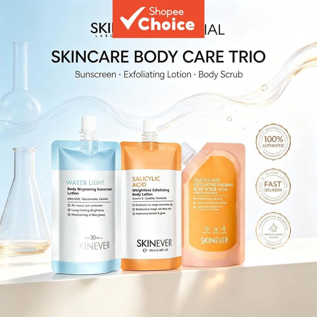 Kit de Cuidados Corporais SKINEVER com 3 peças: Protetor Solar Glow Leve, Esfoliante Scrub e Leite Corporal Hidratante,
