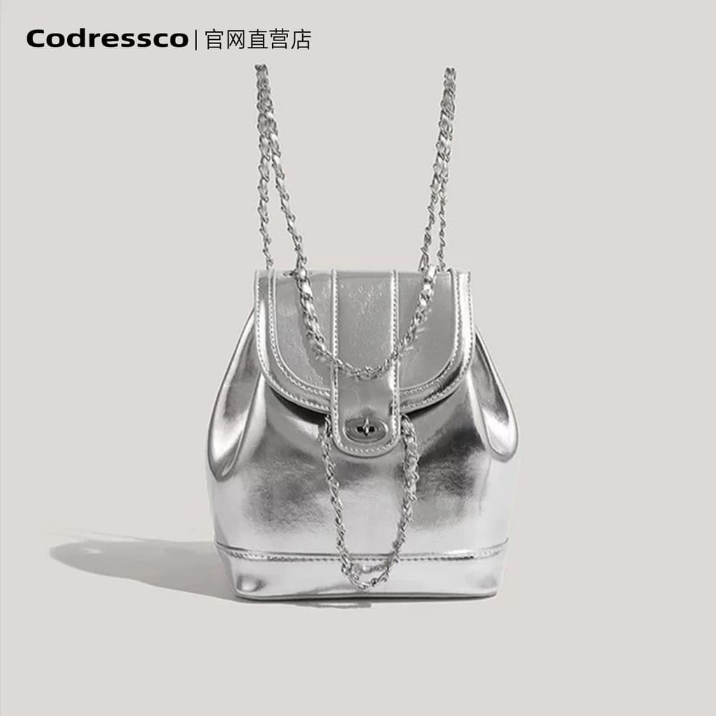 Coreano Blogger nicho mochila saco feminino 2026 novo estilo High-End corrente prata mochila viagem feminino ins estilo