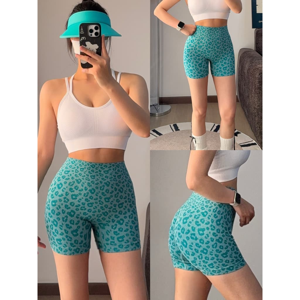Oxigênio menina cintura alta barriga estreita leopardo impressão calças de três pontos pêssego nádegas esportes Hip Lift