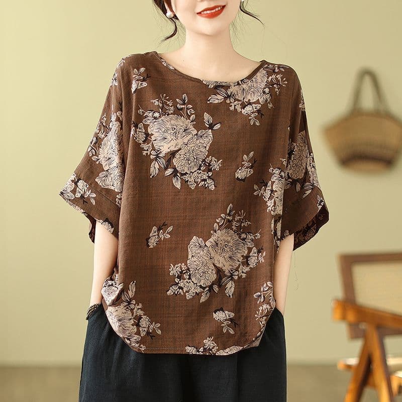 Camiseta Estampada Feminina De Algodão E Linho Tamanho Grande Verão Manga Curta Nova Étnica Mostrando Retrô Mãe Solta To