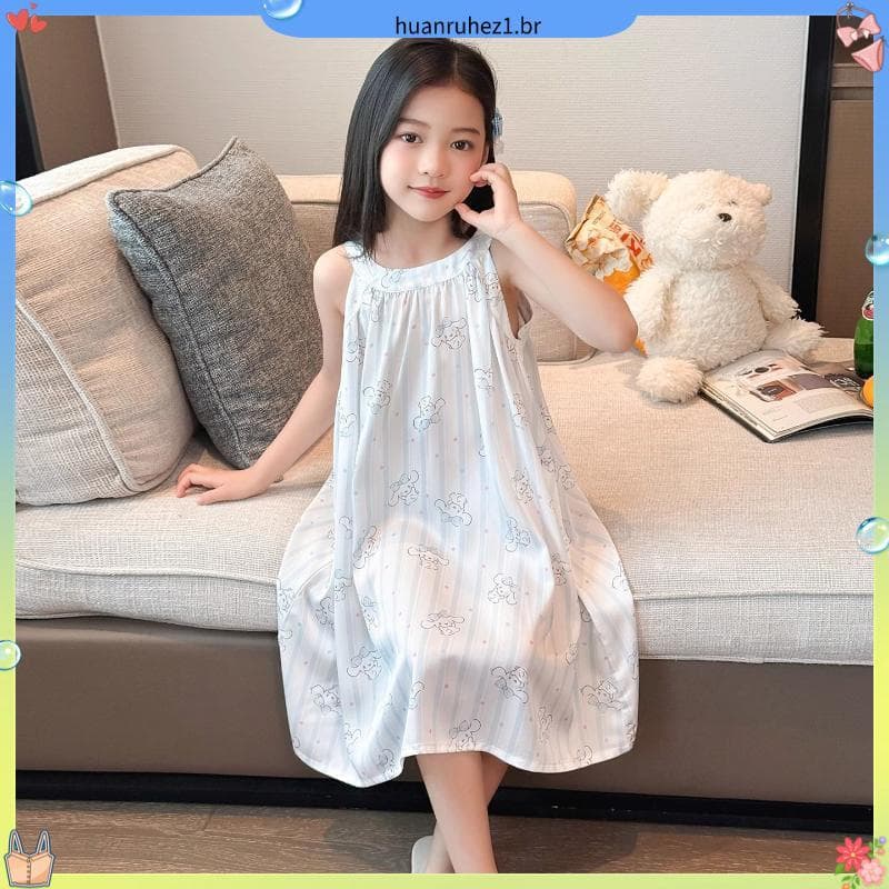 Crianças pijamas verão gelo seda sem mangas meninas camisola solta versão coreana exterior usar meninas camisola criança