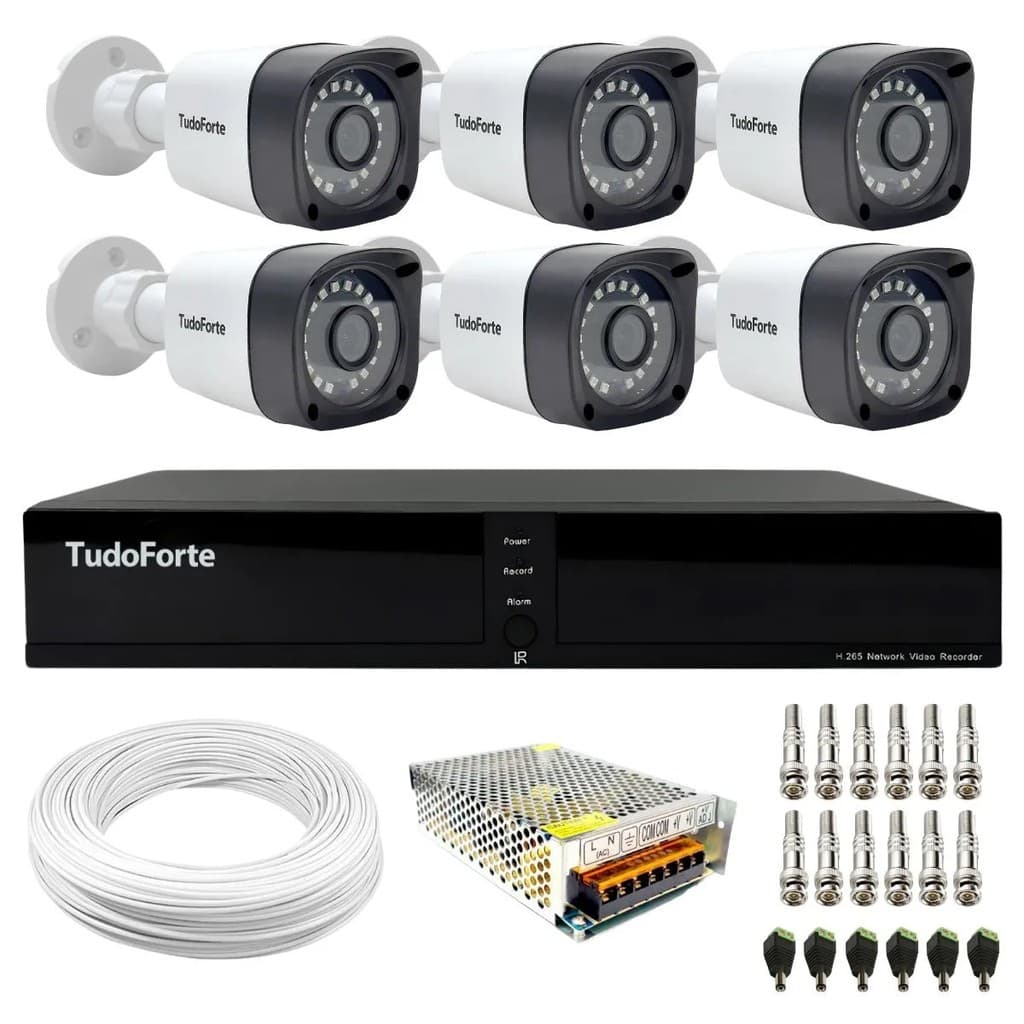 Kit 6 Câmeras Bullet Tudo Forte TF 2020 B Full HD 1080p Visão Noturna 20M IP66 DVR Tudo Forte TFHDX 3308 8 Canais
