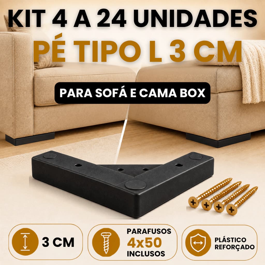 Kit Pés Cantoneira Tipo L 3cm para Sofá Cama Box Puff e Rack 4 a 24 Unidades com Parafuso