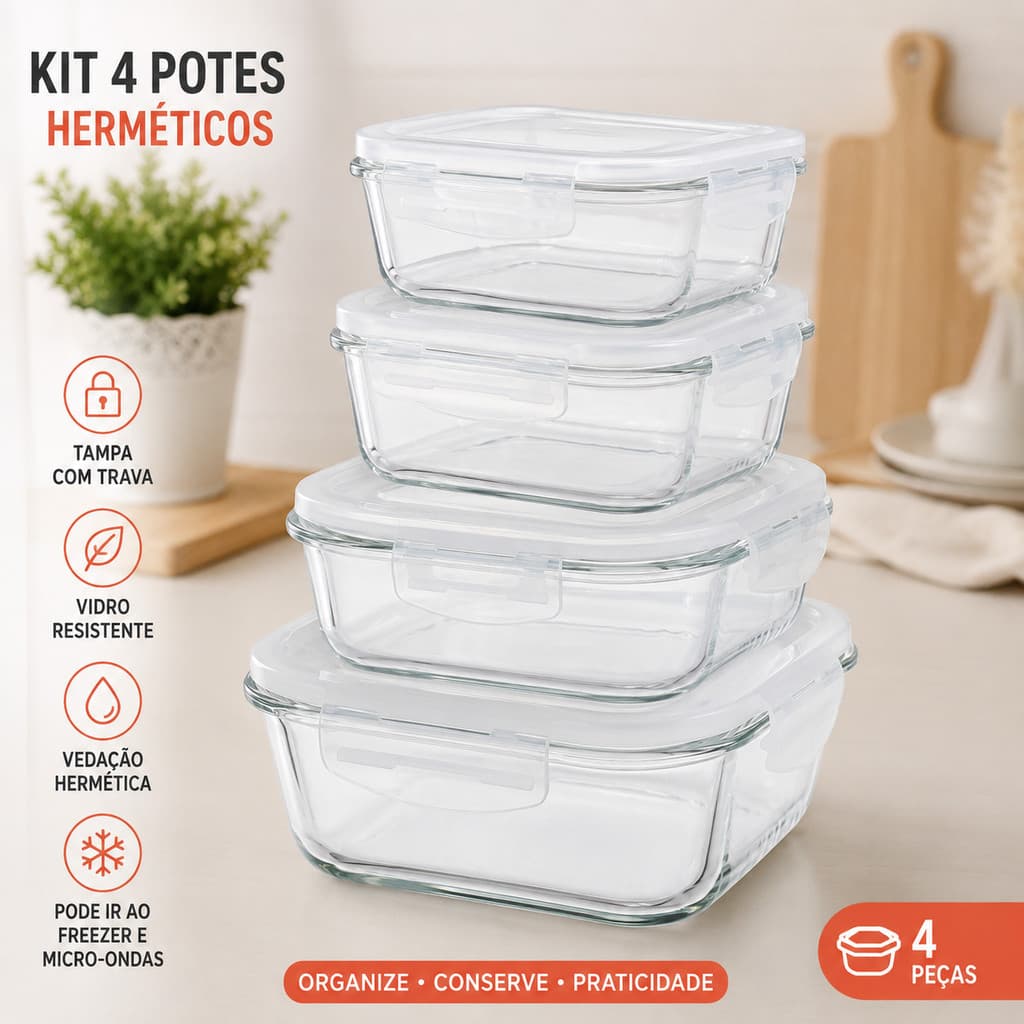 Kit 4 Potes de vidro Marmita Retangular Hermético Refratário 320/370/640/1040ml Forno Airfray Micro-ondas