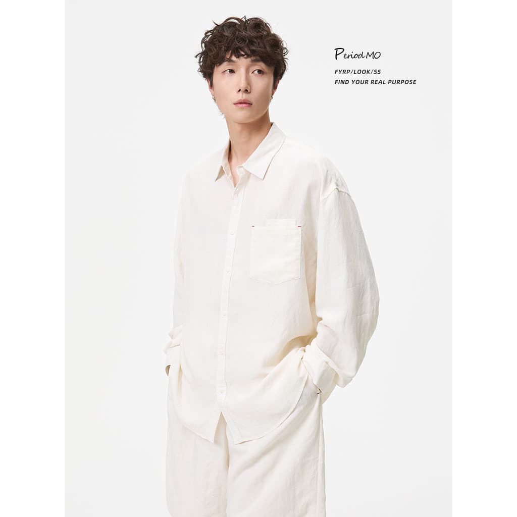 FYRP Momo Verão Linho Protetor Solar Camisa de Manga Comprida Terno Camisa Masculina High-End Reta Solta Shorts de Cinco