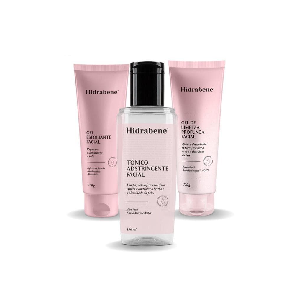 Kit Hidrabene Gel Esfoliante Facial + Tônico Adstringente + Gel de Limpeza Profunda