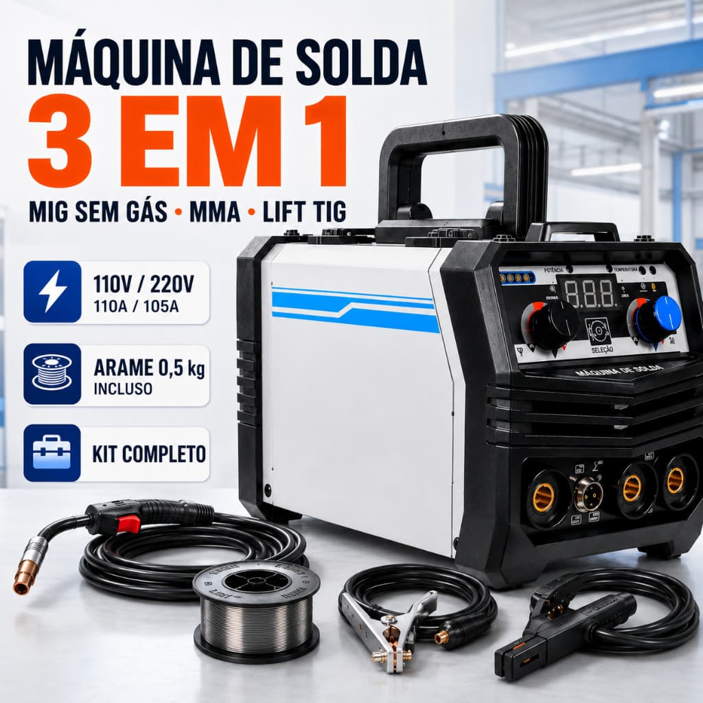 Máquina de Solda Inversora 3 em 1 MIG Sem Gás MMA Lift TIG 110V/220V com Kit Completo