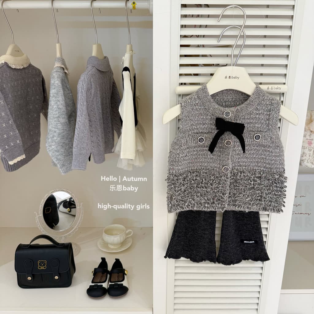 Outono inverno meninas terno colete cinza com borda fungo calças largas Design Original bebê princesa moda terno de duas