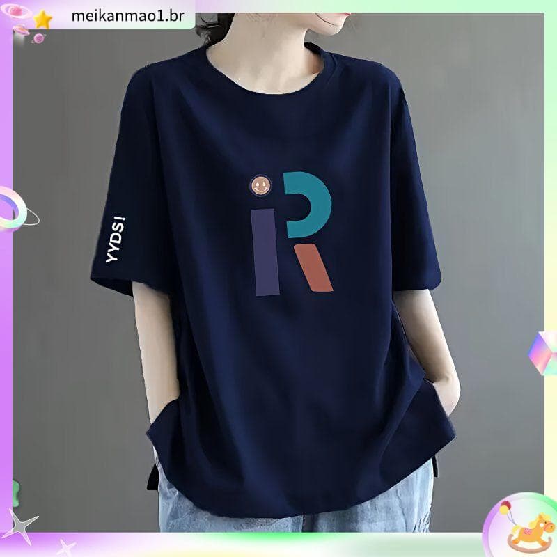 Olhando para trás 3624 pessoas 100% algodão camiseta feminina manga curta verão solto topo impresso ombros caídos novo e