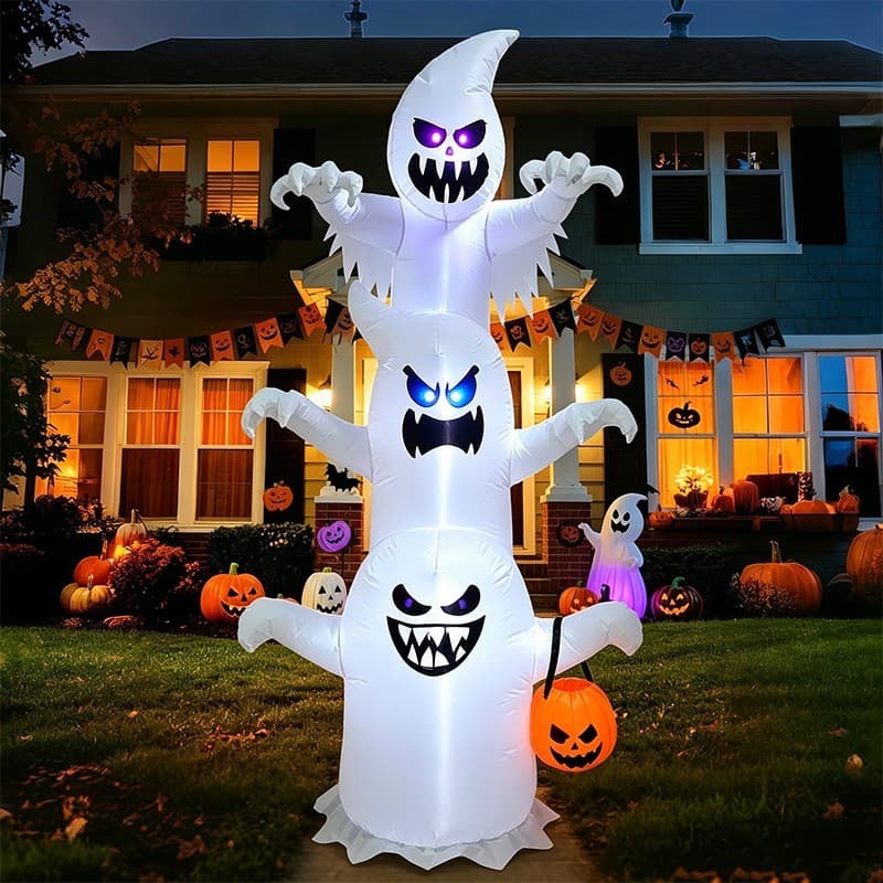 Decoração Inflável De Halloween De 1.8 M-Abóbora Fantasma Branca Empilhada Com Luz LED Para Festa De Terror